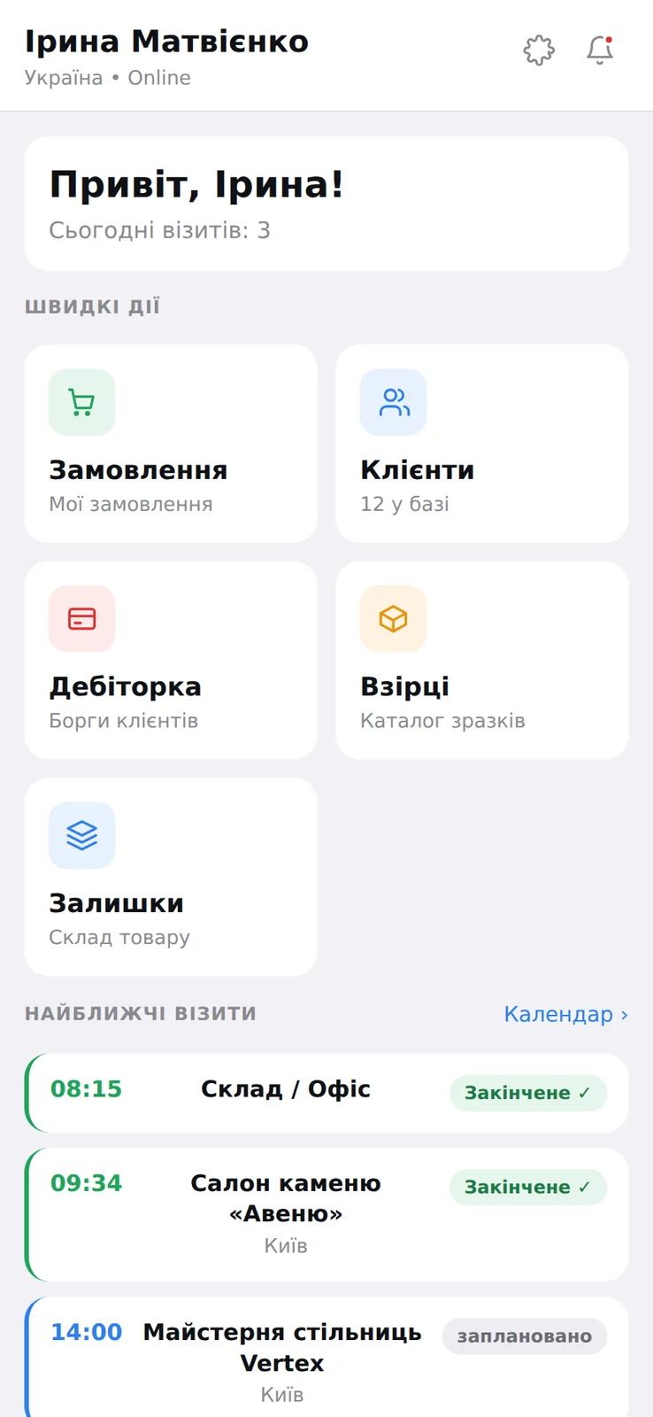 Застосунок представника — день, візити і швидкі дії