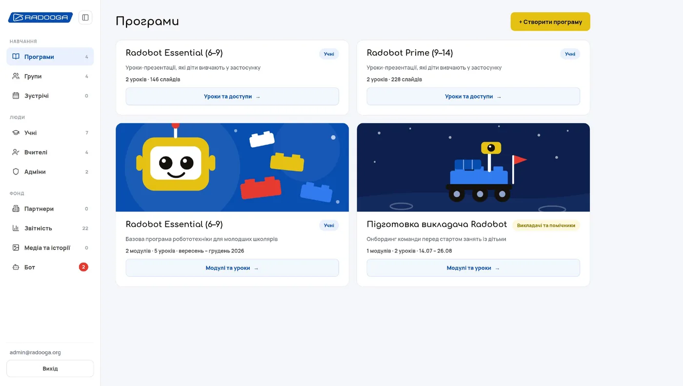 Програми — дитячі курси й підготовка викладачів
